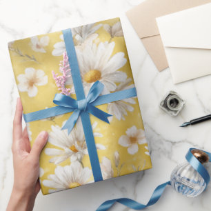 Papier Cadeau Motif floral blanc à la marguerite jaune doux aqua