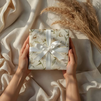 Papier Cadeau Motif floral blanc aquarelle délicat