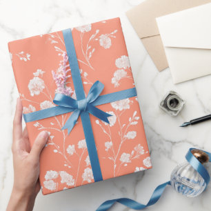 Papier Cadeau Motif floral blanc de corail féminin