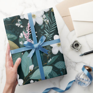 Papier Cadeau Motif floral blanc de feuille de forêt botanique