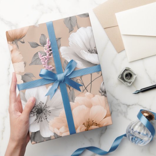 Papier Cadeau Motif floral blanc de fleur de pêche douce romanti (Cadeaux)