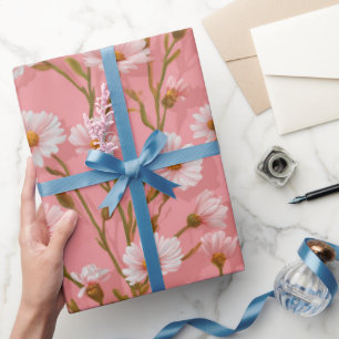 Papier Cadeau Motif floral blanc de marguerite rose dessinée à l