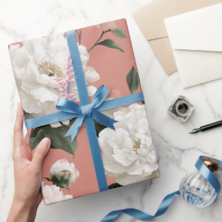 Papier Cadeau Motif floral blanc de pivoine rose féminine