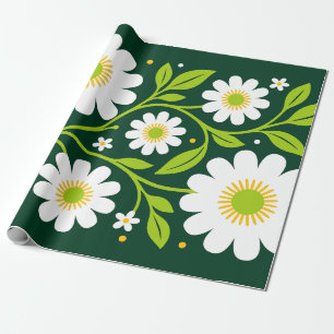 Papier Cadeau Motif floral blanc élégant avec feuilles vertes