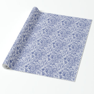 Papier Cadeau Motif Floral Blanc Et Bleu