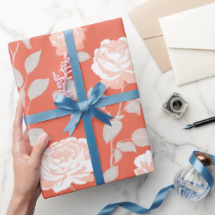 Papier Cadeau Motif floral blanc rose corail moderne