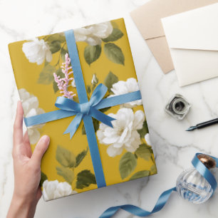Papier Cadeau Motif floral blanc rose jaune classique