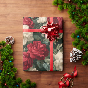 Papier Cadeau Motif floral blanc rose rouge classique