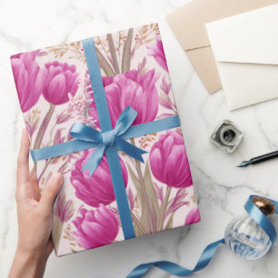 Papier Cadeau Motif floral blanc tulipe rose moderne