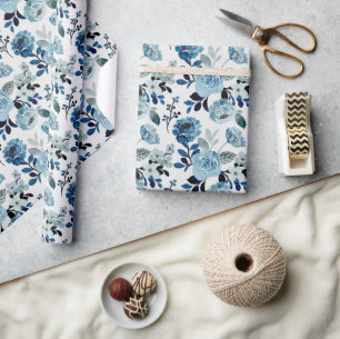 Papier Cadeau Motif floral bleu aquarelle