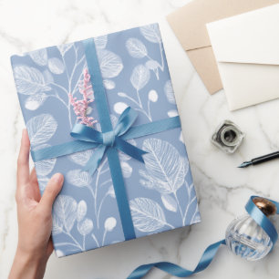 Papier Cadeau Motif floral bleu doux scandinave blanc