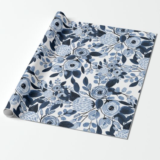 Papier Cadeau Motif floral bleu marine Pastel (Déroulé)