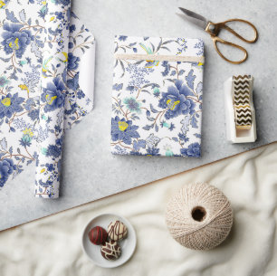 Papier Cadeau motif floral bleu poussiéreux