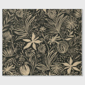 Papier Cadeau Motif floral brillant en or sur noir  (Plat)