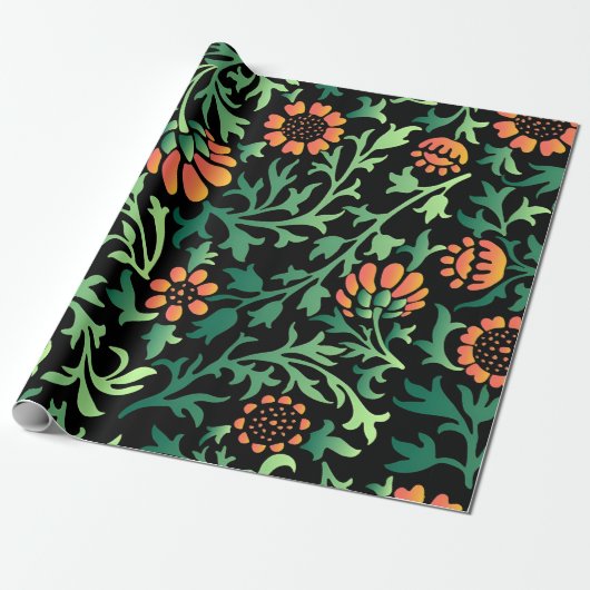 Papier Cadeau Motif floral complexe avec feuilles vertes (Déroulé)
