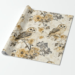 Papier Cadeau Motif floral Cottagecore Hibou beige