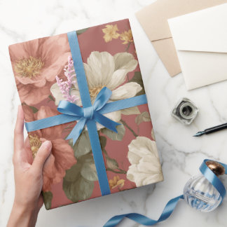 Papier Cadeau Motif floral crème rose poussiéreuse vintage