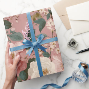 Papier Cadeau Motif floral crème rose poussiéreuse vintage