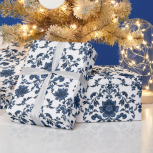 Papier Cadeau Motif floral damassé élégant victorien bleu marine