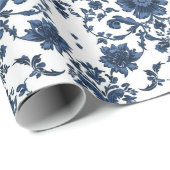 Papier Cadeau Motif floral damassé élégant victorien bleu marine (Coin rond)