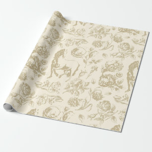 Papier Cadeau Motif floral de cheval beige or vintage élégant