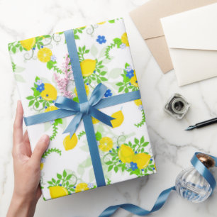 Papier Cadeau Motif floral de citrons bleus et jaunes ensoleillé