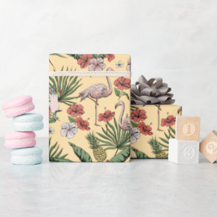 Papier Cadeau Motif floral de flamant jaune tropical