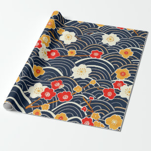 Papier Cadeau Motif floral de fleur de prunier à vague japonaise