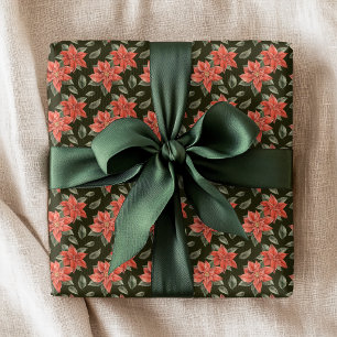 Papier Cadeau Motif floral de Noël aux poinsettias rouges et feu