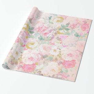 Papier Cadeau Motif floral de rétro aquarelle blanche rose chic