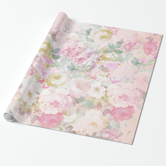 Papier Cadeau Motif floral de rétro aquarelle blanche rose chic (Déroulé)