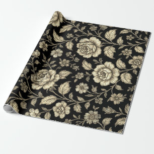 Papier Cadeau Motif floral de rose dorée vintage sur fond noir