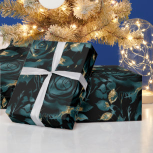 Papier Cadeau Motif floral de rose sarcelle et or élégant