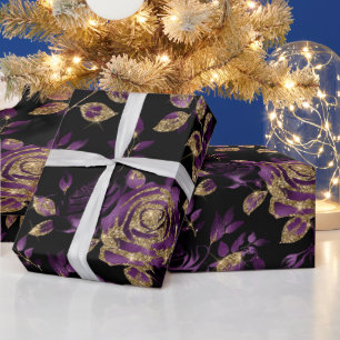 Papier Cadeau Motif floral de rose violette et or élégant