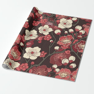 Papier Cadeau Motif floral de sakura bordeaux foncé corail