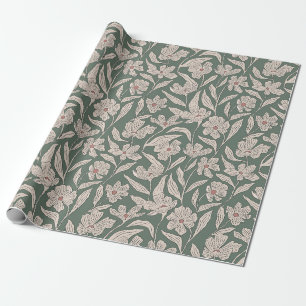 Papier Cadeau Motif floral dessiné à la main rose boho et vert f
