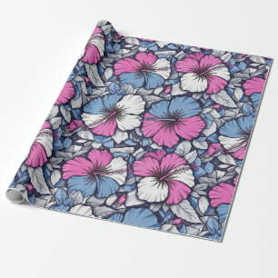 Papier Cadeau Motif floral d'hibiscus bleu élégant (12)