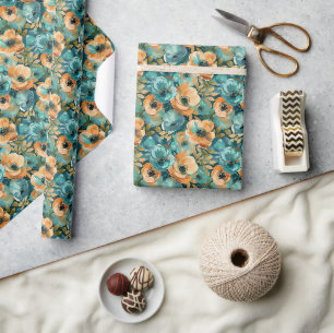 Papier Cadeau Motif floral dynamique avec Turquoise gras, Turquo