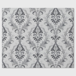 Papier Cadeau Motif floral en damas baroque gris argent