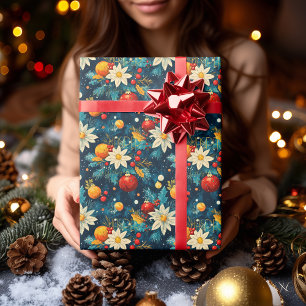 Papier Cadeau Motif floral et ornemental bleu élégant de Noël