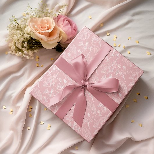 Papier Cadeau Motif Floral Feuille Blanc Sur Peach Blush Rose