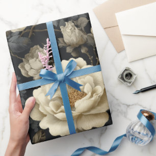 Papier Cadeau Motif floral gris ivoire vintage