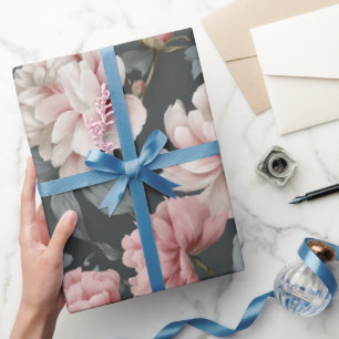 Papier Cadeau Motif floral gris rose poudrée romantique de pivoi