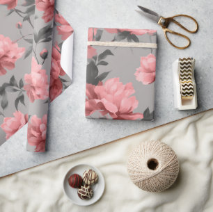 Papier Cadeau Motif floral gris rose poussiéreux romantique de p