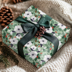 Papier Cadeau Motif floral hivernal Noël rouge vert blanc