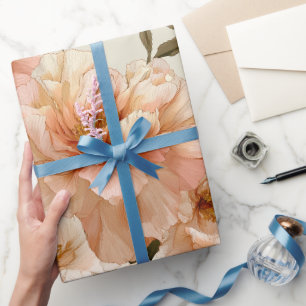 Papier Cadeau Motif floral ivoire pêche romantique paeonia