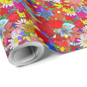 Papier Cadeau Motif floral jaune bleu pourpre vert rouge (Coin rond)