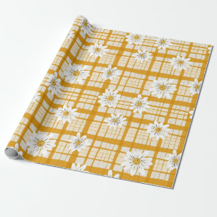 Papier Cadeau Motif floral marguerrier blanc sur En vichy jaune