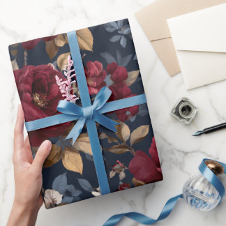 Papier Cadeau Motif floral marine rose burgundy élégant