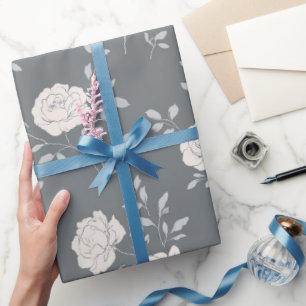 Papier Cadeau Motif floral minimal gris rose blanc